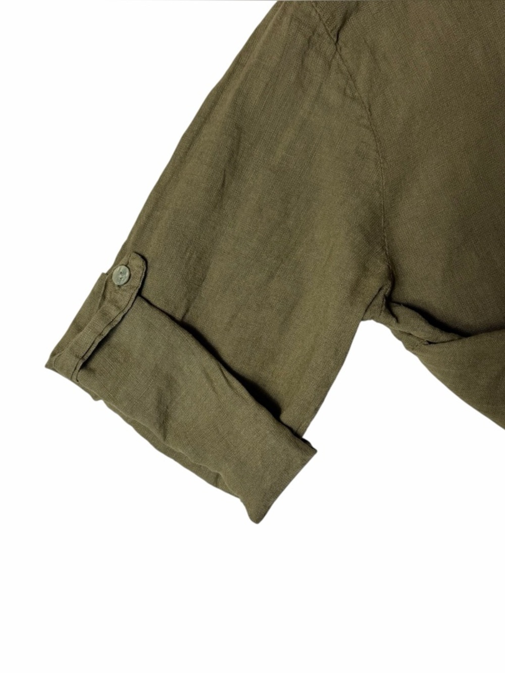 Elena Baldi Linen Dress Tunic Olive Green Roll Tab Sleeve Size Large - Picture 8 of 11